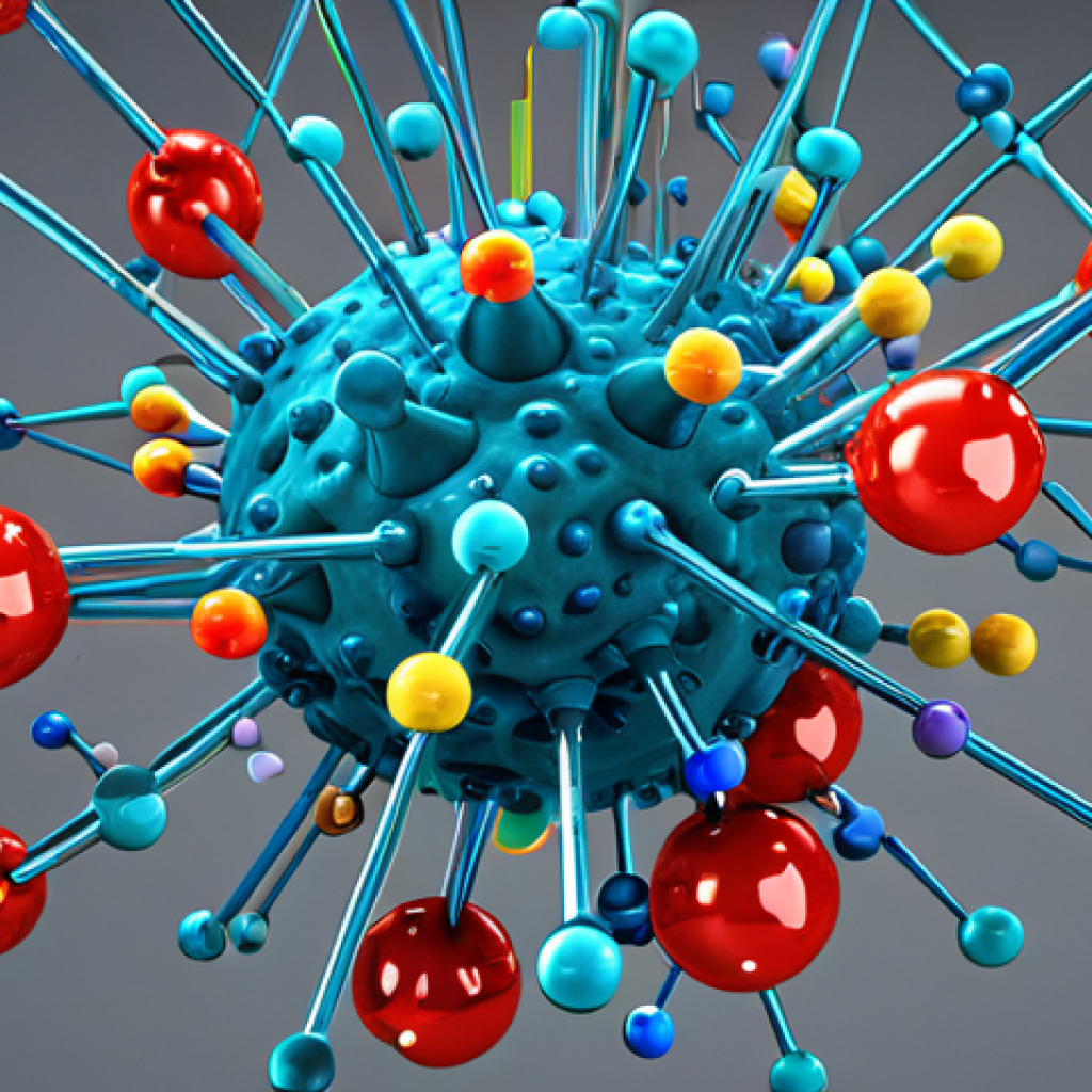 Molecular Simulation**

Prompt: "A vibrant, colorful visualization of interacting atoms and molecules, resembling a futuristic laboratory. Emphasize the complexity and beauty of molecular simulations with data overlays. Include a subtle nod to pharmaceutical research, possibly with a molecule resembling a potential drug."

**