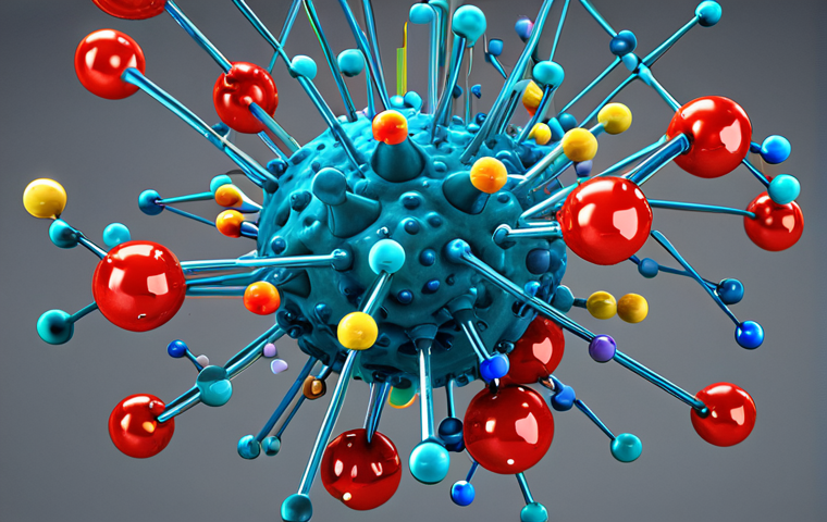 Molecular Simulation**

Prompt: "A vibrant, colorful visualization of interacting atoms and molecules, resembling a futuristic laboratory. Emphasize the complexity and beauty of molecular simulations with data overlays. Include a subtle nod to pharmaceutical research, possibly with a molecule resembling a potential drug."

**