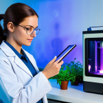 A professional female scientist in a modest lab coat and safety glasses, observing a compact non-thermal plasma reactor. The reactor emits a vibrant, ethereal blue and purple light, symbolizing ionized gas, with a subtle glow illuminating her face. The background is a clean, modern chemistry laboratory with sleek equipment and a few strategically placed green plants, representing sustainable processes and green chemistry. She stands in a natural pose, fully clothed, professional dress, holding a clipboard with well-formed hands and proper finger count. The image has perfect anatomy, correct proportions, and natural body proportions, emphasizing innovation and precision. safe for work, appropriate content, family-friendly.