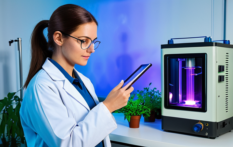 A professional female scientist in a modest lab coat and safety glasses, observing a compact non-thermal plasma reactor. The reactor emits a vibrant, ethereal blue and purple light, symbolizing ionized gas, with a subtle glow illuminating her face. The background is a clean, modern chemistry laboratory with sleek equipment and a few strategically placed green plants, representing sustainable processes and green chemistry. She stands in a natural pose, fully clothed, professional dress, holding a clipboard with well-formed hands and proper finger count. The image has perfect anatomy, correct proportions, and natural body proportions, emphasizing innovation and precision. safe for work, appropriate content, family-friendly.