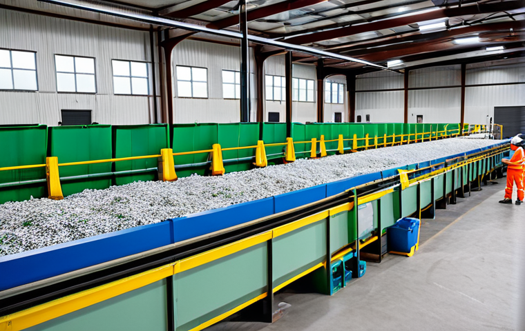 **
A modern recycling plant interior. Automated sorting machines use optical sensors to separate different types of plastic (PET, HDPE). Workers in safety vests monitor the process. Bales of sorted plastic are visible, ready for processing. Bright, clean environment. Safe for work. Appropriate content. Fully clothed. Professional. Perfect anatomy, correct proportions, natural pose. Professional photography, high quality.
**