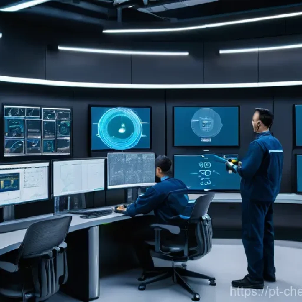 공정안전관리 PSM - **Prompt:** A clean, futuristic industrial control room, bustling with activity. Large, curved, tran...
