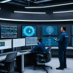 Home 11 공정안전관리 PSM - **Prompt:** A clean, futuristic industrial control room, bustling with activity. Large, curved, tran...