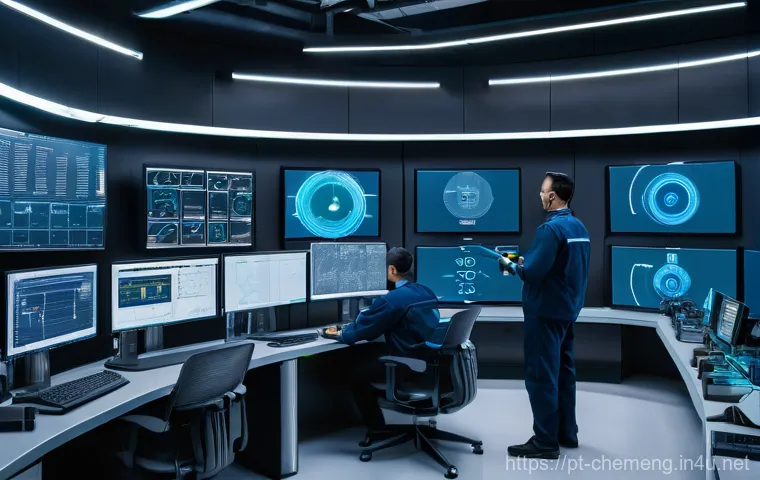 공정안전관리 PSM - **Prompt:** A clean, futuristic industrial control room, bustling with activity. Large, curved, tran...