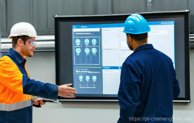 공정안전관리 PSM - **Prompt:** A clean, futuristic industrial control room, bustling with activity. Large, curved, tran...