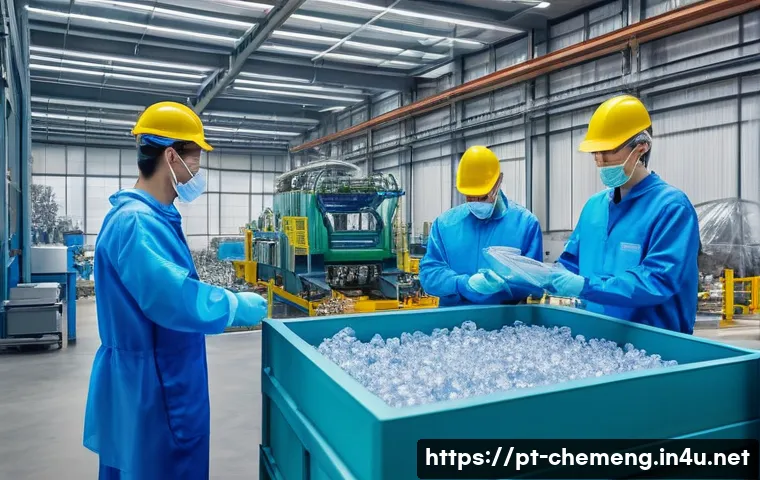 화학공학과 지속가능성 - A modern chemical recycling facility interior, showcasing advanced machinery breaking down complex p...