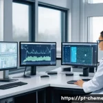 Home 14 화학공학과 인공지능 융합 - A modern chemical engineering laboratory with diverse scientists analyzing complex reaction data on ...