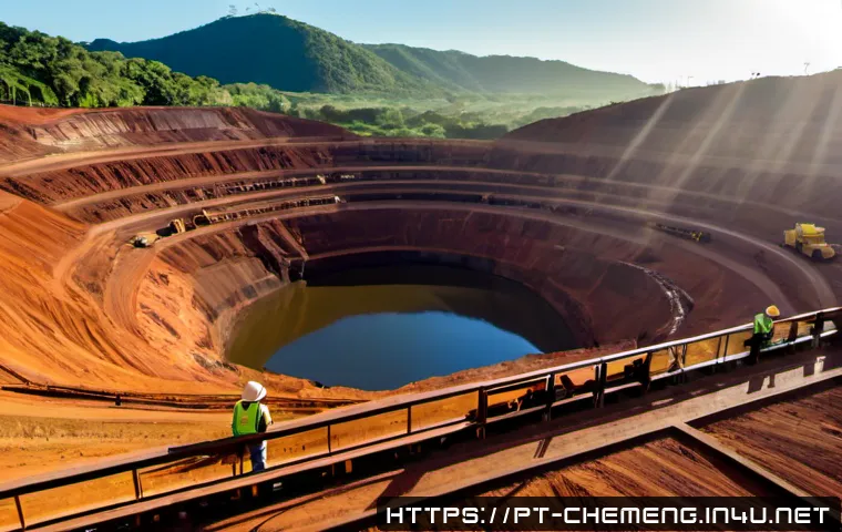 지하자원과 화학공학 - Photorealistic wide-angle view of a modern open-pit iron ore mine in Brazil, terraced red-earth exca...