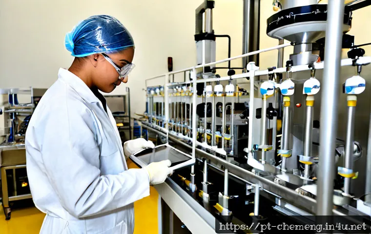 Home 17 제약공정과 화학공학 - Photorealistic pharmaceutical manufacturing laboratory in Portugal, a chemical engineer wearing clea...